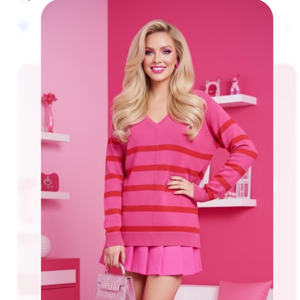 Bobeau Women's valentine’s Sweater Striped Pink Red Clueless Mean girls Barbie S